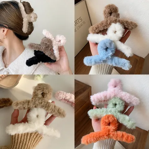 Molla per Capelli in Peluche Oversize Tinta Unita Morsetto Squalo Morbido Accessori Capelli Inverno per Donne Styling Forcina