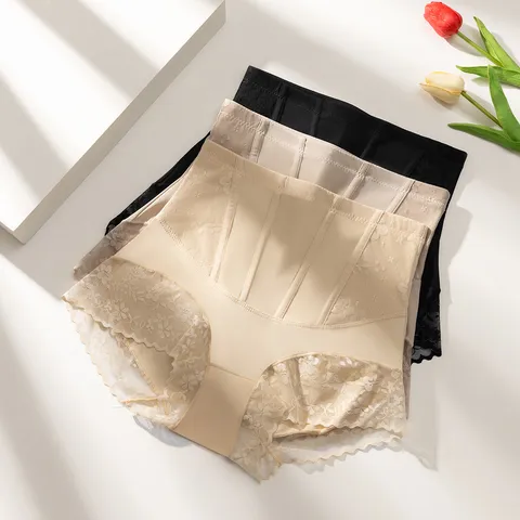 Women High Waist Tummy Control Panties Nylon Lace Patchwork Butt Lifting Shapewear Briefs Slimming Body Shaper Underwear