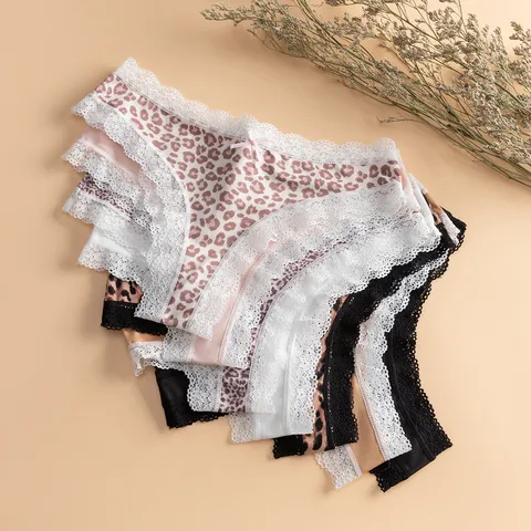 Perizoma Sexy da Donna con Stampa Leopardata e Pizzo Vita Bassa Lingerie con Fiocco in Nylon Poliestere Mutandine Traspiranti