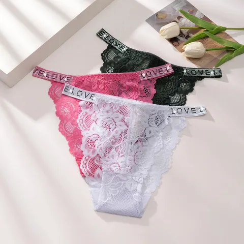 Tangas Sexy da Donna in Pizzo Traforato Con Fascia in Vita Con Lettere di Strass Traspiranti Comodi Slip a Vita Bassa Intimo