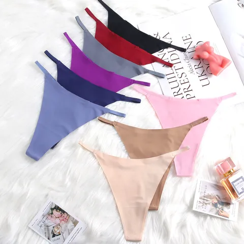 Women's Sexy Seamless Ice Silk T-Back Panties Low Waist Solid Color Breathable G-String Thong For Ladies Minimalist Lingerie