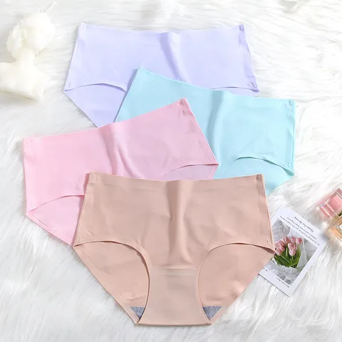 Mutandine da Donna in Seta di Ghiaccio Senza Cuciture Taglie Forti Vita Media Slip Sportivi Traspirante Tinta Unita Biancheria Intima Comodo Nylon