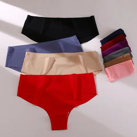 Women's Sexy Ice Silk Seamless Panties Comfortable Breathable Middle Waist Solid Color Fashion Soft Briefs Lingerie Underwear