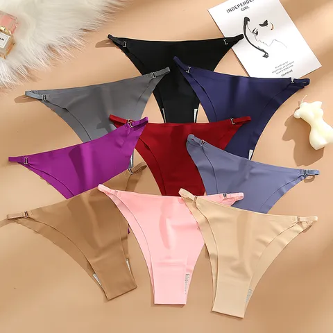Nylon Polyester Women Seamless Ice Silk Thong Underwear Low Waist Panties With Metal Buckle Adjustable Briefs For Daily Wear