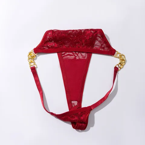 Sexy Kant T-Back Thong Voor Vrouwen Lage Taille Metalen Ketting Strass G-String Nylon Lingerie Exotische Ademende Onderbroek