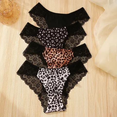 Women's Sexy Lace Embroidered Panties Gorgeous Transparent Low Waist Breathable Lingerie Briefs Floral Leopard Heart Pattern Bottom