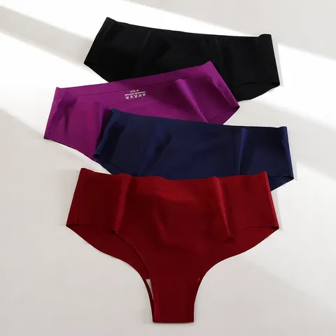 Women's Sexy Ice Silk Seamless Panties Comfortable Breathable Middle Waist Solid Color Fashion Soft Briefs Lingerie Underwear