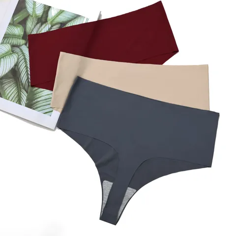 Women's Seamless Ice Silk Thong Panties High Waist Solid Color Breathable Quick Dry Sexy T-Back Hip Lifting Underwear Lingerie
