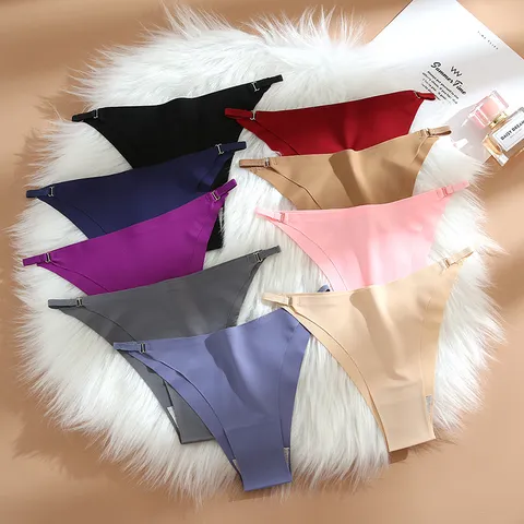 Nylon Polyester Women Seamless Ice Silk Thong Underwear Low Waist Panties With Metal Buckle Adjustable Briefs For Daily Wear