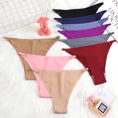 Women Seamless Ice Silk Thong Low Waist Adjustable Side Straps Solid Color Sexy Panties Soft Breathable Underwear