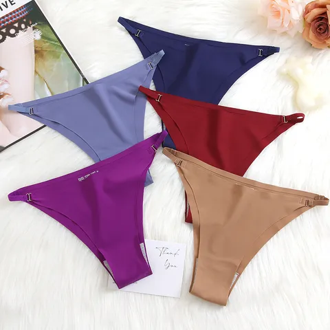 Women Seamless Ice Silk Thong Low Waist Adjustable Side Straps Solid Color Sexy Panties Soft Breathable Underwear