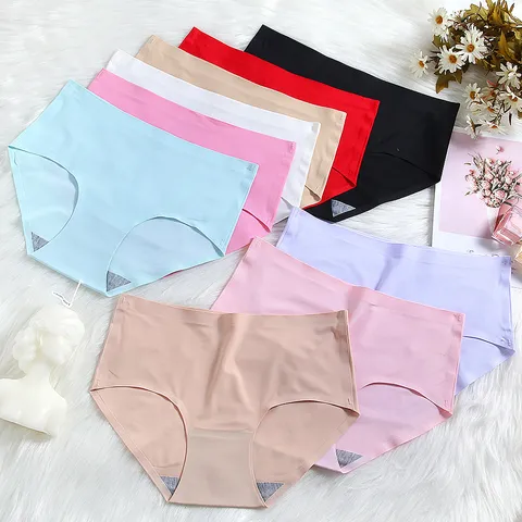 Mutandine da Donna in Seta di Ghiaccio Senza Cuciture Taglie Forti Vita Media Slip Sportivi Traspirante Tinta Unita Biancheria Intima Comodo Nylon