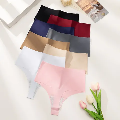 Women's Seamless Ice Silk Thong Sexy Low Waist Breathable Invisible Panties Solid Color Lingerie Underwear T-Back Bottom