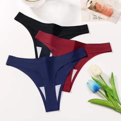 Women Seamless Sexy Solid Color Thong Ice Silk Breathable Low Waist Sporty Panty One-Piece T-Back Underwear Plus Size Lingerie