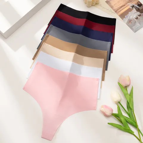 Women's Seamless Ice Silk Thong Sexy Low Waist Breathable Invisible Panties Solid Color Lingerie Underwear T-Back Bottom