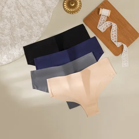 Women Sexy Seamless Ice Silk Thong Panties Low Waist Breathable Solid Color T-Back Bottom Lingerie Underwear Briefs