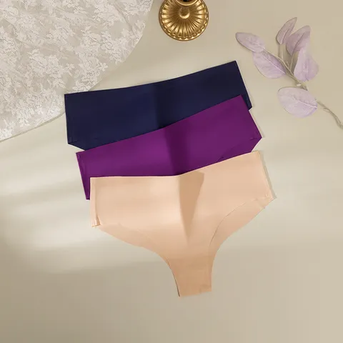 Women Sexy Seamless Ice Silk Thong Panties Low Waist Breathable Solid Color T-Back Bottom Lingerie Underwear Briefs