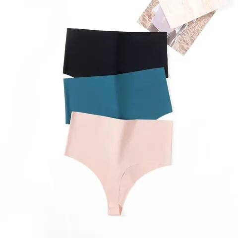 Women Seamless High Waist Thong Sexy Nylon Breathable Ice Silk Sport Invisible T-Back Panties Solid Color Lingerie