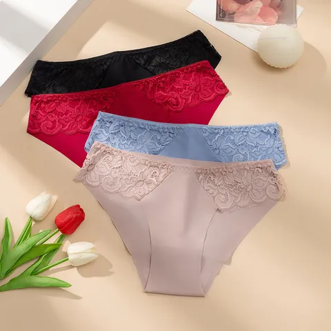 Women Seamless Lace Patchwork Panties Sexy Floral Low Waist Breathable Briefs Nylon Hollow Out Lingerie For Ladies Everyday