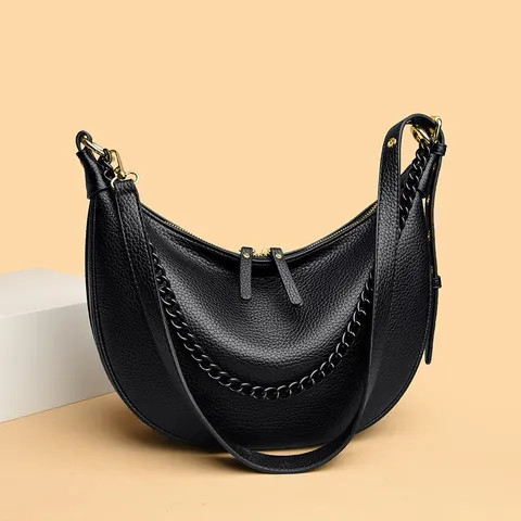 Damen PU Leder Achseltasche Halbmond Umhängetasche Lässig Mode Litschi Muster Kette Crossbody Handtasche