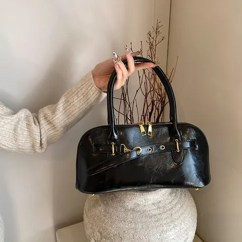 Koreanischer Stil Vintage PU Leder Damen Umhängetasche Einfarbig Elegante Baguette Tasche Tägliche Casual Handtasche