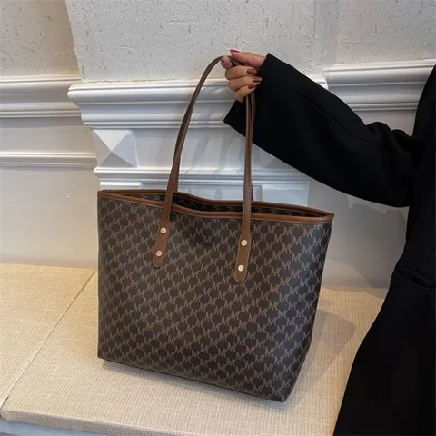 Große Kapazität Tote Tasche PU Leder Monogramm Pendler Handtasche Casual Mode Umhängetasche Mit Doppelten Griffen