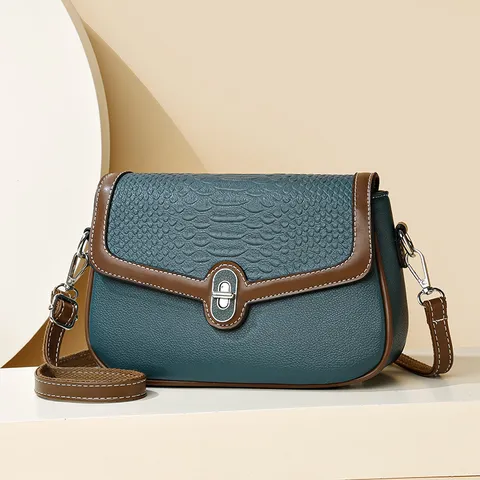 Damen Mode Oberste Schicht Rindsleder Umhängetasche Krokodilmuster Kontrastfarbe Schlossverschluss Lässige Handtasche