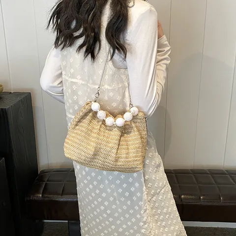 Damen Casual Stroh Weweben Umhängetasche Große Kapazität Sommer Urlaub Eimer Tote Tasche Mit Perlen Griff