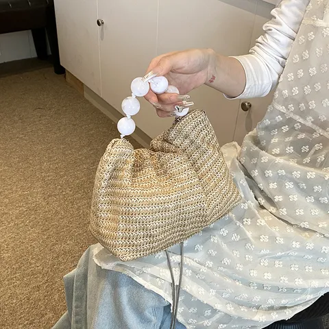 Damen Casual Stroh Weweben Umhängetasche Große Kapazität Sommer Urlaub Eimer Tote Tasche Mit Perlen Griff