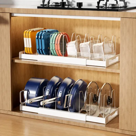 Retractable Kitchen Pot Lid Organizer Rack Adjustable Stainless Steel Cookware Holder Countertop Storage Shelf