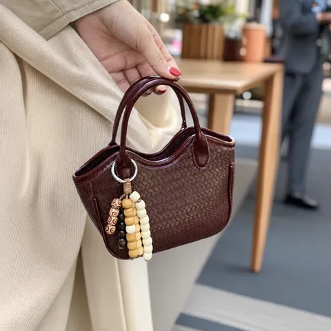 Damen Gewebte Eimer-Tasche PU Leder Pendler Handtasche Retro Kleine Tote Bag Lässige Umhängetasche