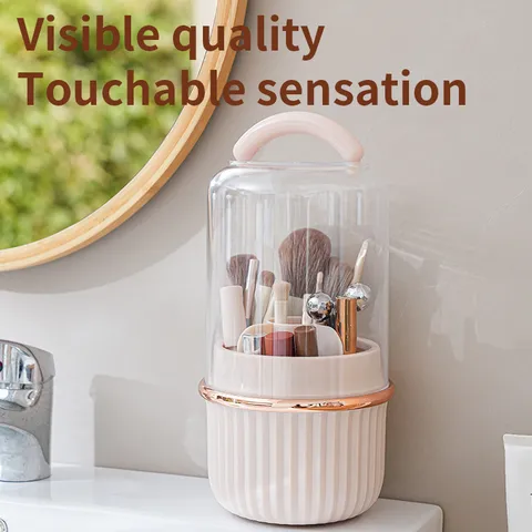 Rotating Makeup Brush Holder Organizer Clear Dustproof Cosmetic Storage Box With Lid Multi-Grid Vanity Desk Organizer