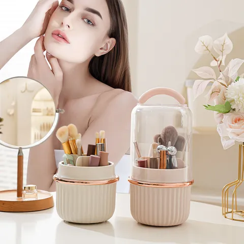 Rotating Makeup Brush Holder Organizer Clear Dustproof Cosmetic Storage Box With Lid Multi-Grid Vanity Desk Organizer