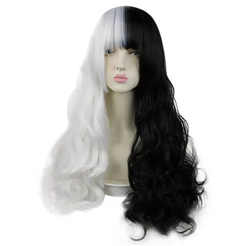 Zwart En Wit Lang Krullend Cosplay Pruik Tweekleurige Hittebestendige Synthetische Haar Voor Anime Kostuum Feest Vrouwen