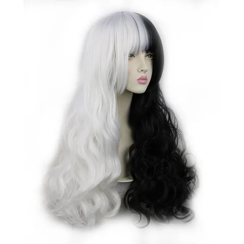 Zwart En Wit Lang Krullend Cosplay Pruik Tweekleurige Hittebestendige Synthetische Haar Voor Anime Kostuum Feest Vrouwen