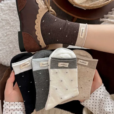 Calzini Slouch a Pois in Stile Retro Francese da Donna Etichetta in Tessuto Colore a Contrasto Calzini al Polpaccio Cotone Casual