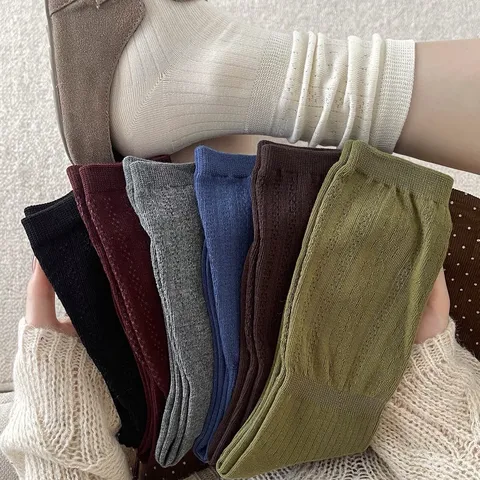 Calzini Slouch in Cotone Vintage da Donna con Motivo Spiga di Grano Traforato A Metà Polpaccio Casual Retro Traspirante