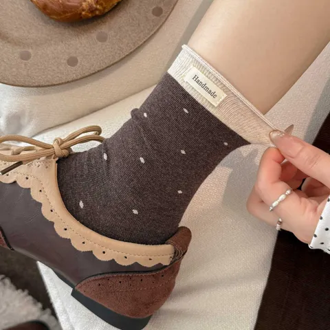 Calzini Slouch a Pois in Stile Retro Francese da Donna Etichetta in Tessuto Colore a Contrasto Calzini al Polpaccio Cotone Casual