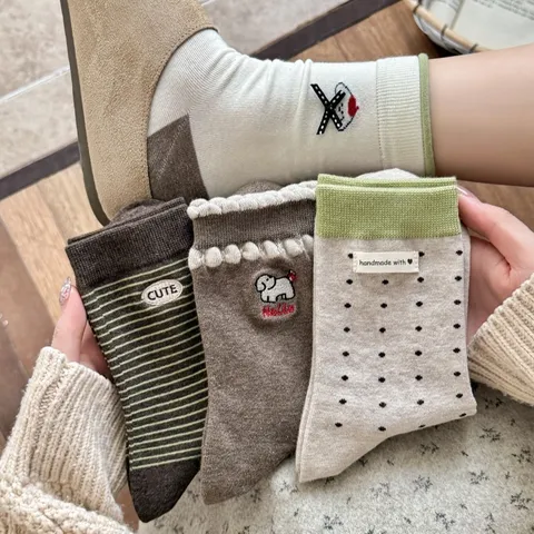 Calzini a Tubo da Donna Ricamo Cucciolo Fiocco Pois Rigato Cotone Pettinato Stile Coreano