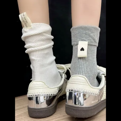 Calze Slouch Casual in Cotone da Donna Stile Coreano Ins Tinta Unita Maglia a Righe Verticali Calze al Polpaccio Quotidiane Versatili