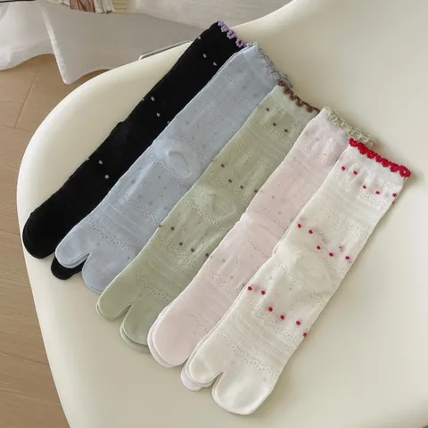 Damen Sommer Dünne Seide Durchbrochen Atmungsaktiv Zehensocken Süße Schleife Spitzenbesatz Gerüschte Lässige Gestapelte Socken