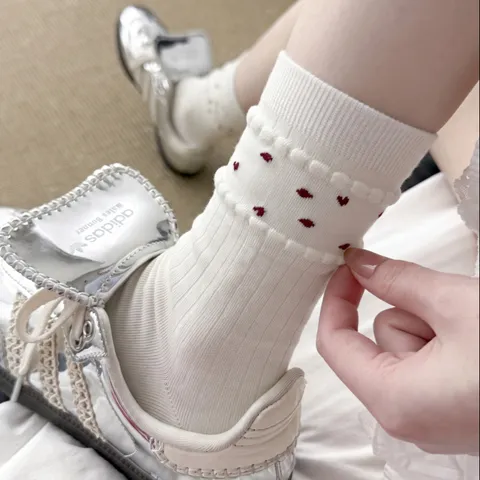 Calze da Donna alla Moda in Cotone con Delizioso Motivo Floreale con Fiocco e Cuore Calze al Polpaccio Stile Giapponese Casual Quotidiano
