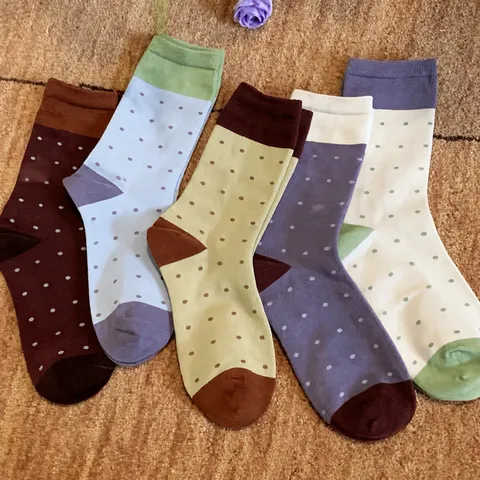 Calze a Metà Polpaccio Retrò a Pois con Blocco di Colore da Donna Casual Traspirante Cotone Moda Quotidiana Regalo