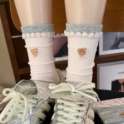 Calze Girocollo in Cotone Pettinato Stile Giapponese Dolce da Donna Carino Orso Cartoon Fiocco Bordo Arricciato