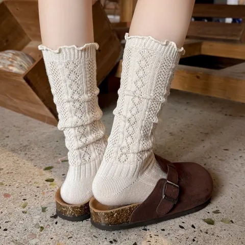 Calzini al Polpaccio Casual in Cotone da Donna con Pizzo Traforato Stile Coreano Tinta Unita