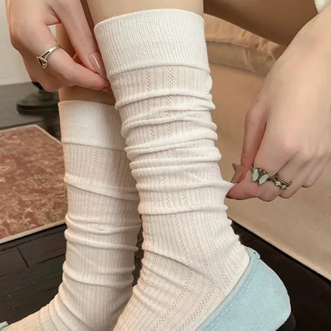 Damen Casual Baumwolle Einifarbig Vertikal Gestreift Slouch Socken Atmungsaktiv Mesh Japanisch Süß Stil Lang Schlauch Socken