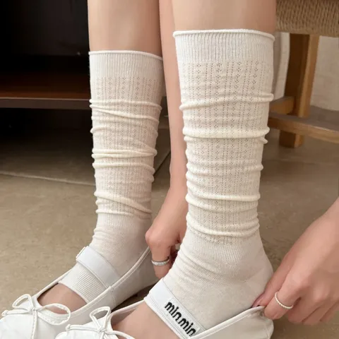 Women Spring Summer Airy Hollow Leg Warmers Sweet Ballet Style Stacked Calf Socks Breathable Cotton Casual Long Socks