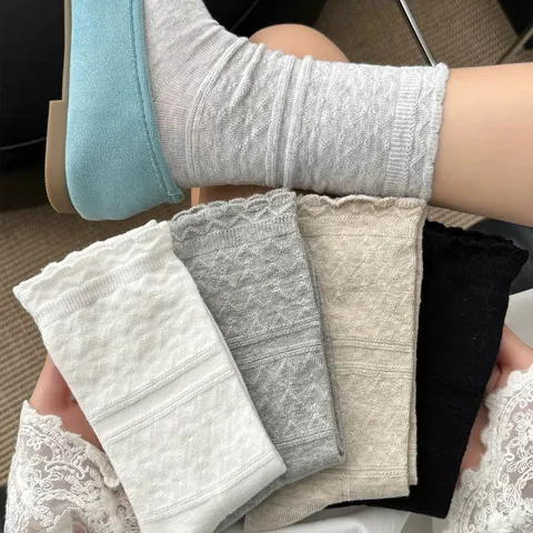 Calze al Polpaccio Casual in Cotone da Donna Dolci Volant in Pizzo Design Slouch Traspiranti Morbide Abbigliamento Quotidiano Moda