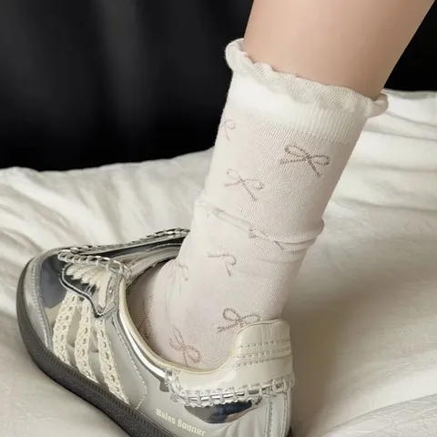 Calze a Metà Polpaccio da Donna con Fiocco Carino e Polsino Volant in Puro Cotone Traspirante Stile Balletto Dolce Calze alla Moda