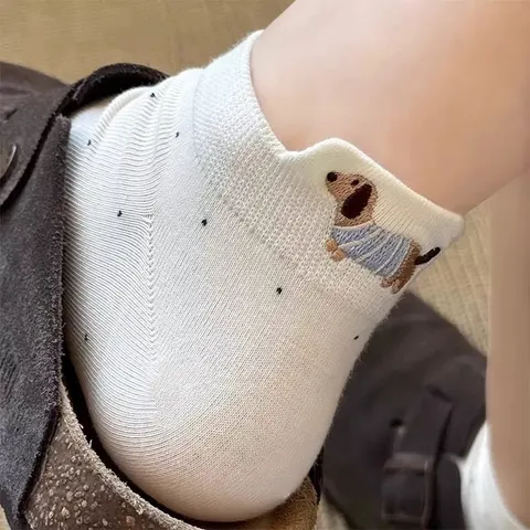 Donne Carino Cartone Animato Cane Ricamo Calzini Corti Estate Sottile Traspirante Cotone Calzini alla Caviglia Casual Quotidiano